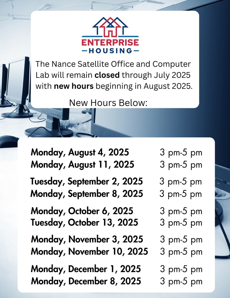 A flyer with computers in the background and the list of hours the Nance office and computer lab will be open in 2025