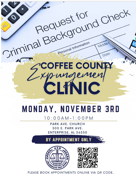 Expungement Clinic Flyer with date, time and address as well as QR code to book appointment