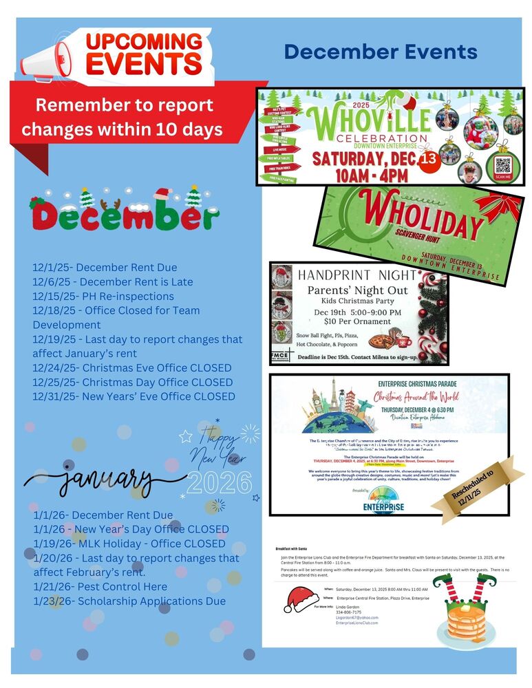 Local events as found on the chamber page and a calendar for the agency - rent is late on the 6th, the office will be closed 12/18, 12/24, 12/25, 12/31 and 1/1.  