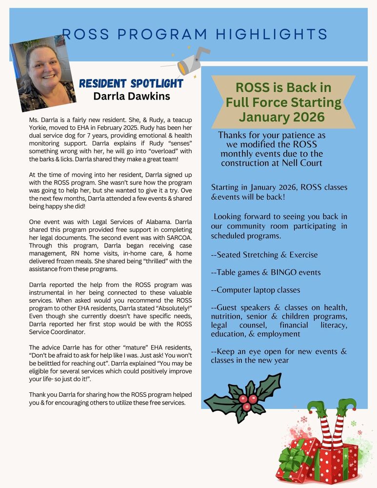 Ross Resident Spotlight - DARRLA.  Also, ROSS is back in full beginning in January. 