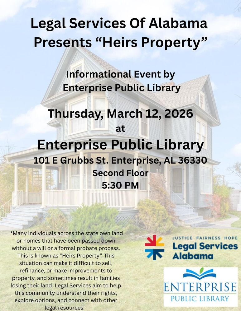 Heirs Property flyer with date, time, and address along with brief description of what this event is about. Also listed in the body of the page. 