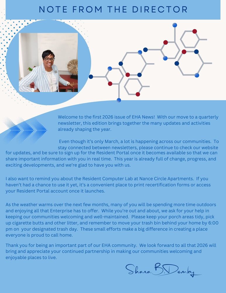 Note from the director encouraging residents to sign up for resident portal and to maintain their housing areas.