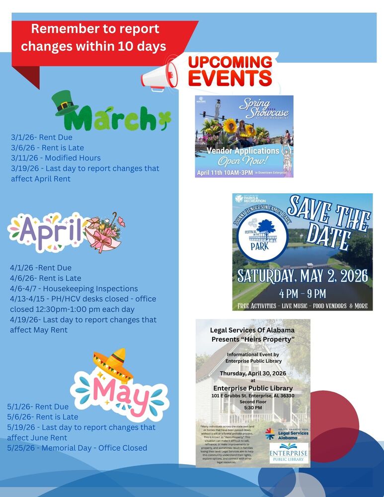 Calendar of important dates in public housing and flyers for local events 