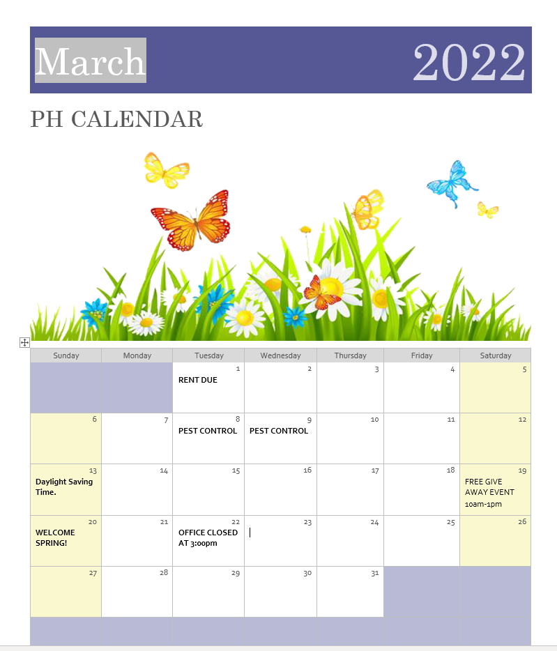 Calendar March 2022