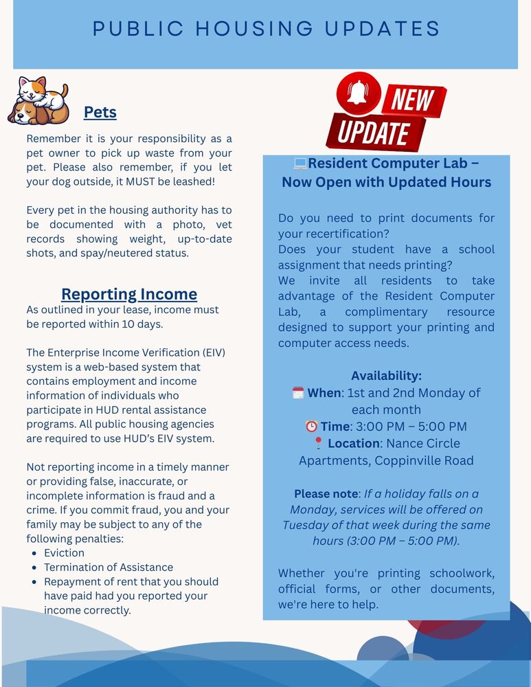 Updates for public housing residents from the public housing manager