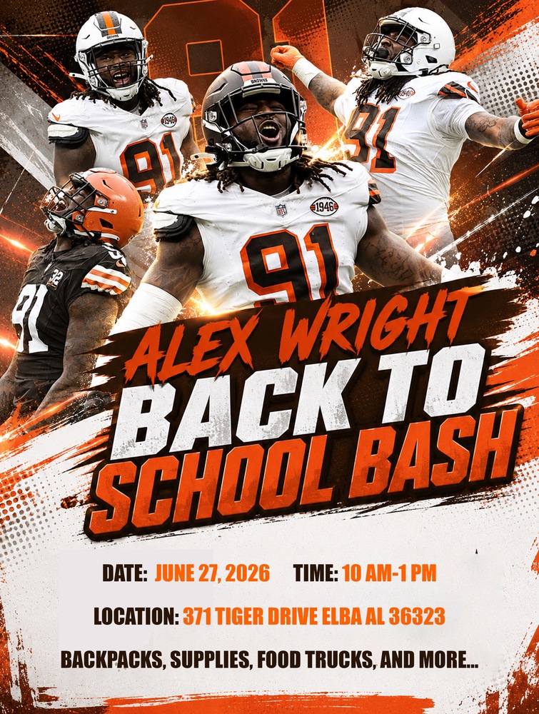 Flyer providing information about the back to school bash, held on June 27, 2026 from 10 am - 1 pm at 371 Tiger Drive in Elba, Alabama
