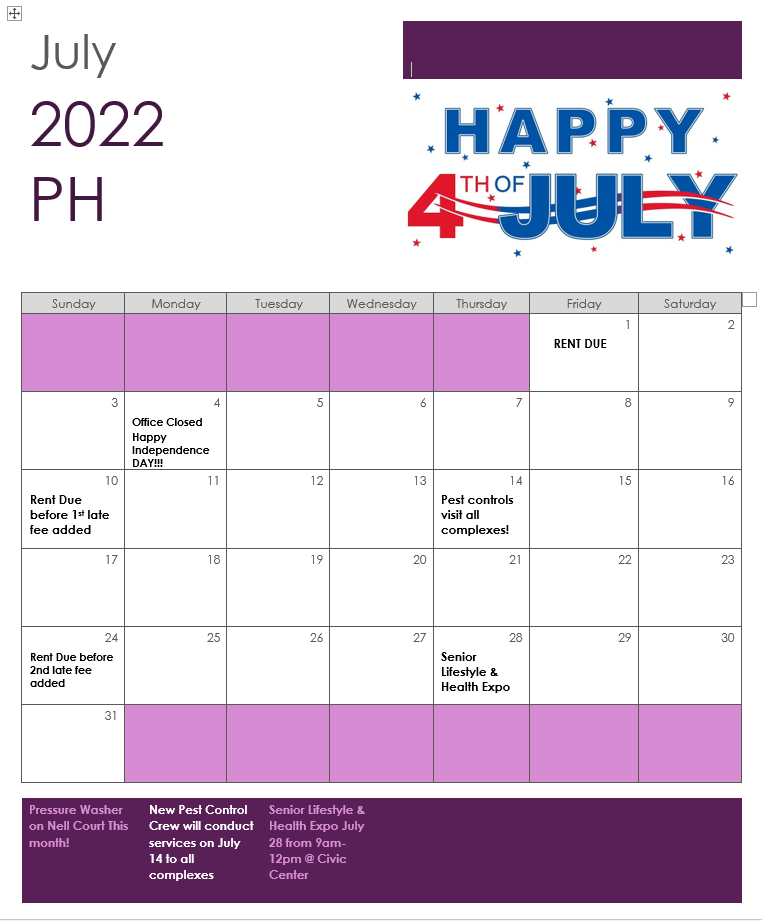 July Calendar 2022